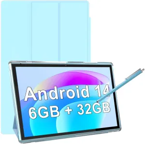 10 Inch Tablet With Tablet protective Case and Stylus, Android 14 Tablets, 6GB RAM 32GB ROM/1TB Expansion, 8H 6000mah Battery Wifi Bluetooth 10.1" IPS HD Touchscreen 2MP 8MP Dual Camera Tablets Blue.