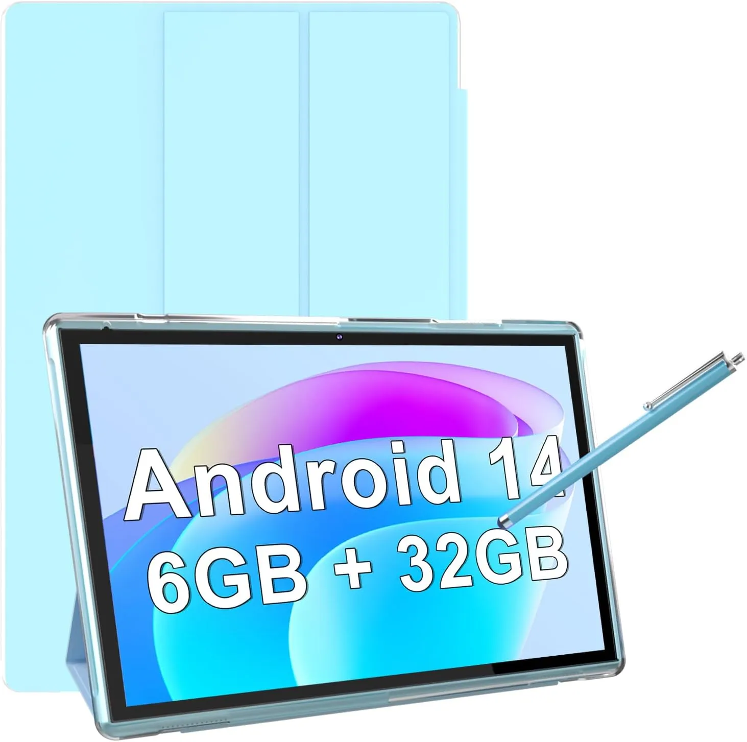 10 Inch Tablet With Tablet protective Case and Stylus, Android 14 Tablets, 6GB RAM 32GB ROM/1TB Expansion, 8H 6000mah Battery Wifi Bluetooth 10.1" IPS HD Touchscreen 2MP 8MP Dual Camera Tablets Blue.