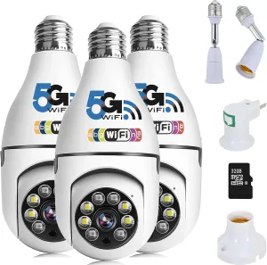 1080p Light Bulb Security Camera 5g 2.4ghz Security Cameras Wireless Outdoor 360 Panoramic Surveillance Night Vision Lightbulb Camera Two Way Indoor Outdoor (3 Pieces)