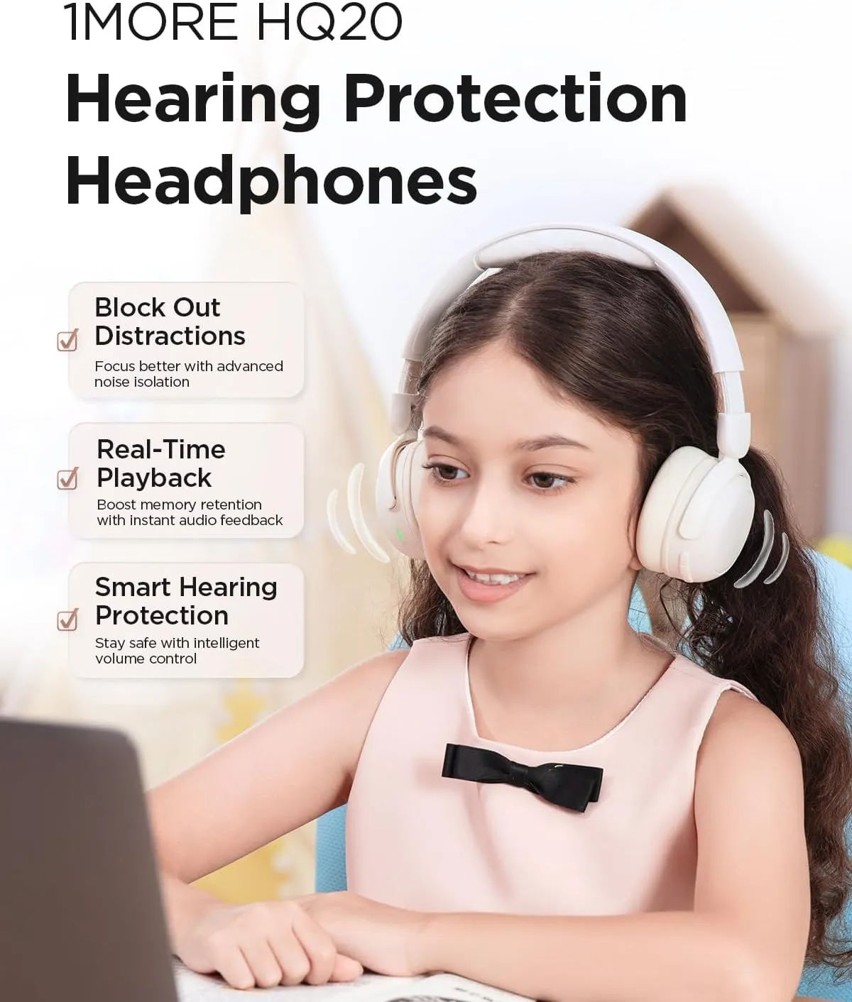 1MORE Kids Bluetooth Wireless Headphones - HQ20 SonoFlow Mini Over Ear Headphones, Safe Volume, 65H Playtime, Foldable&Comfortable, Microphone for Call, Android and iOS Compatible(Oat White)
