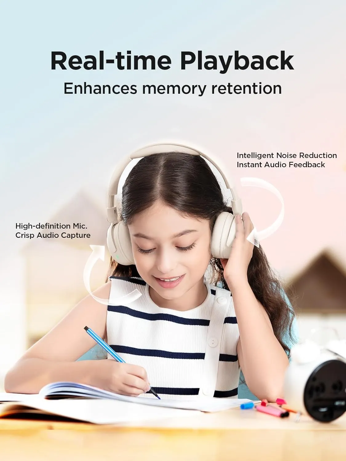 1MORE Kids Bluetooth Wireless Headphones - HQ20 SonoFlow Mini Over Ear Headphones, Safe Volume, 65H Playtime, Foldable&Comfortable, Microphone for Call, Android and iOS Compatible(Oat White)