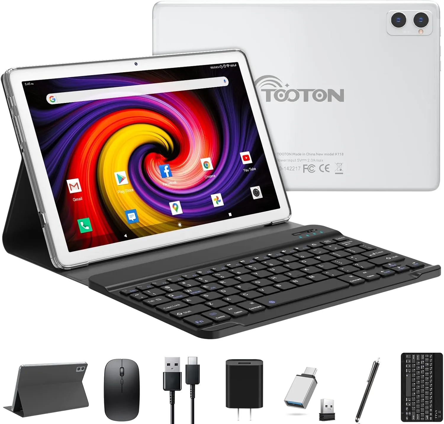 2 in 1 Tablet with Keyboard, 2024 Latest Tablets Android 4 4 128GB ROM, 10 Inch Tablet with Octa-Core Chip Support 5 2.4Ghz WiFi, 7000mAh Battery, Bluetooth 5.0, GPS, HD Touch Screen-Silver
