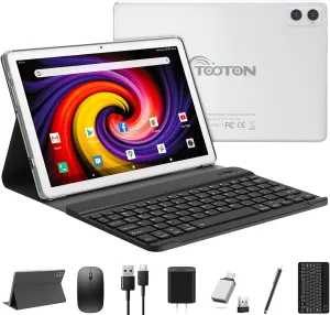 2 in 1 Tablet with Keyboard, 2024 Latest Tablets Android 4 4 128GB ROM, 10 Inch Tablet with Octa-Core Chip Support 5 2.4Ghz WiFi, 7000mAh Battery, Bluetooth 5.0, GPS, HD Touch Screen-Silver