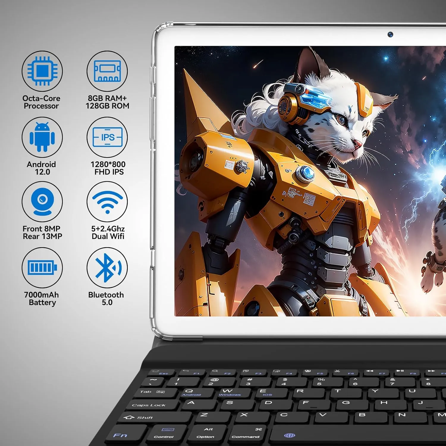 2 in 1 Tablet with Keyboard, 2024 Latest Tablets Android 4 4 128GB ROM, 10 Inch Tablet with Octa-Core Chip Support 5 2.4Ghz WiFi, 7000mAh Battery, Bluetooth 5.0, GPS, HD Touch Screen-Silver