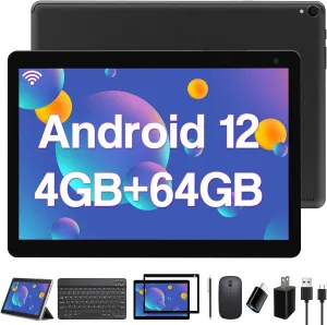2 in 1 Tablet with Keyboard, Tablet 10 inch 4GB RAM 64GB ROM Support 512GB Expandable Android Tablet Computer, Quad-Core CPU, HD Screen, 2.4G/5G WiFi, Long Battery Life Tablets with Case Mouse Stylus