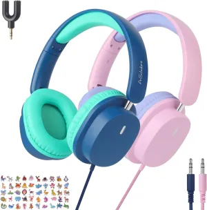 2 Pack Kids Headphones with Sharing Splitter, 3.5mm Jack Wired Earphones for Kids Teens, Tangle-Free Foldable for School/Tablet/Travel