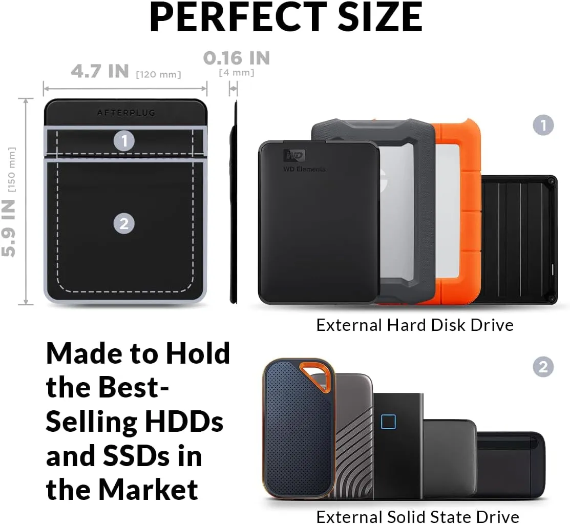 2-Pocket Adhesive Pouch for Laptop, Compatible with External 2.5" HDD, SSD, Magic Mouse, USB Cable and More - Black