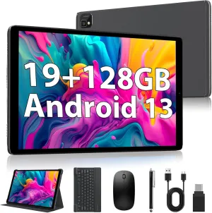 2025 Android 13 Tablets,10.1-inch Tablet with 128GB ROM,19GB RAM,1TB Expand, 2.0GHz CPU, 1920 * 1200 Incell Screen, 8000mAh, 8 13MP WiFi BT5.0 GPS Android Tablet with Keyboard and Mouse - Gray