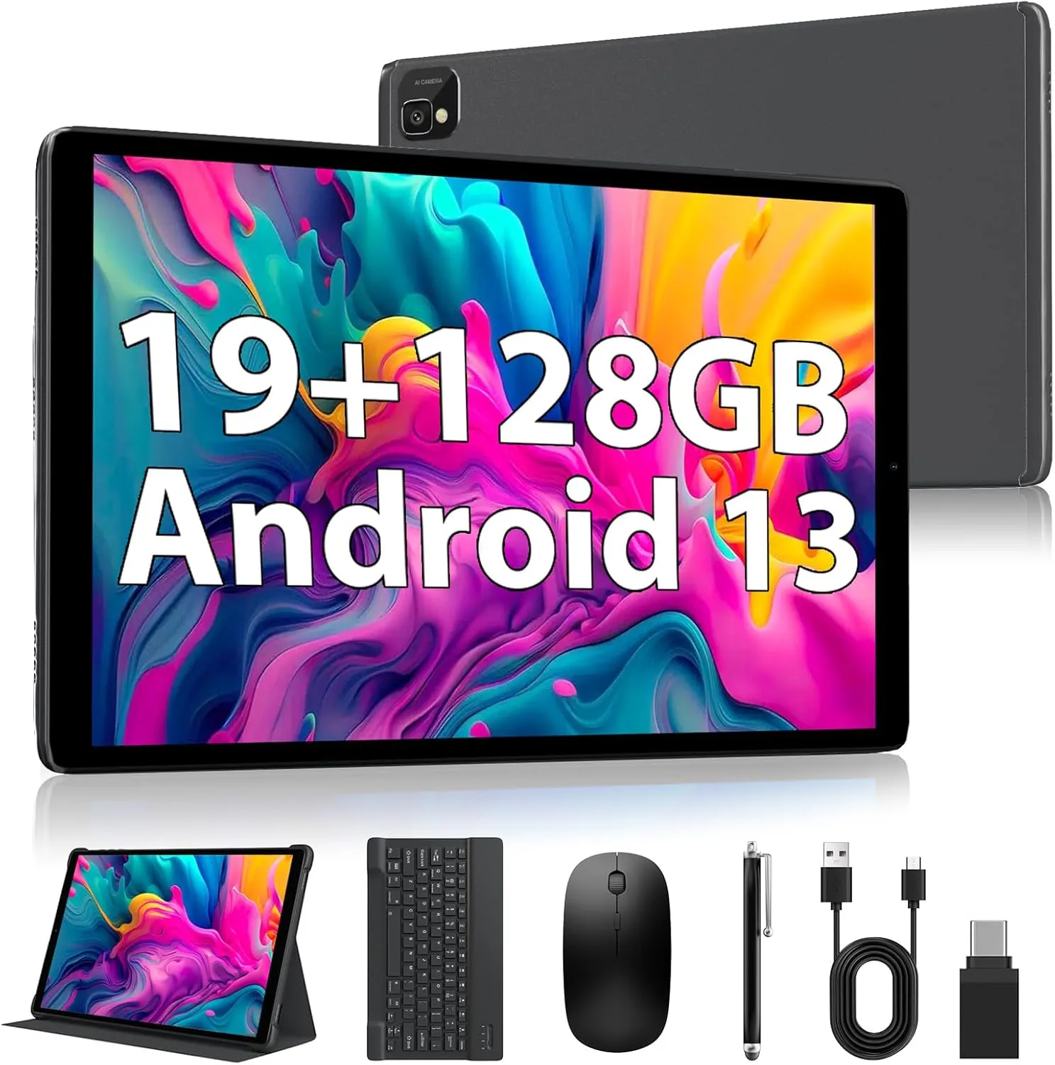 2025 Android 13 Tablets,10.1-inch Tablet with 128GB ROM,19GB RAM,1TB Expand, 2.0GHz CPU, 1920 * 1200 Incell Screen, 8000mAh, 8 13MP WiFi BT5.0 GPS Android Tablet with Keyboard and Mouse - Gray