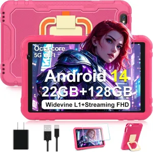 2025 Android 14 Tablet, 10 inch Tablets 22GB 128GB  1TB Expand, 8000mAh Octa-Core Tablet w/ Drop-proof Case, HD IPS Display, GPS, 5G WIFI, Split Screen,Widevine L1, for Adults and Kids -Metal Rose Red