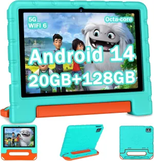 2025 Kids Tablet 10 inch Android 14 Tablets for Kid Octa-Core, 20GB 128GB (TF 1TB), Toddler Tablet with Shockproof Case, 2.4G 5G WiFi 6, Parental Control, Face Unlocked, Split Screen, BT5.0 (Green)