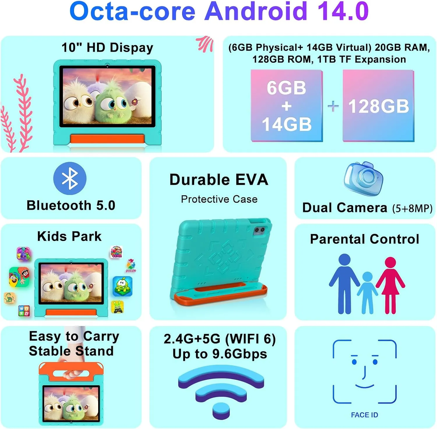 2025 Kids Tablet 10 inch Android 14 Tablets for Kid Octa-Core, 20GB 128GB (TF 1TB), Toddler Tablet with Shockproof Case, 2.4G 5G WiFi 6, Parental Control, Face Unlocked, Split Screen, BT5.0 (Green)