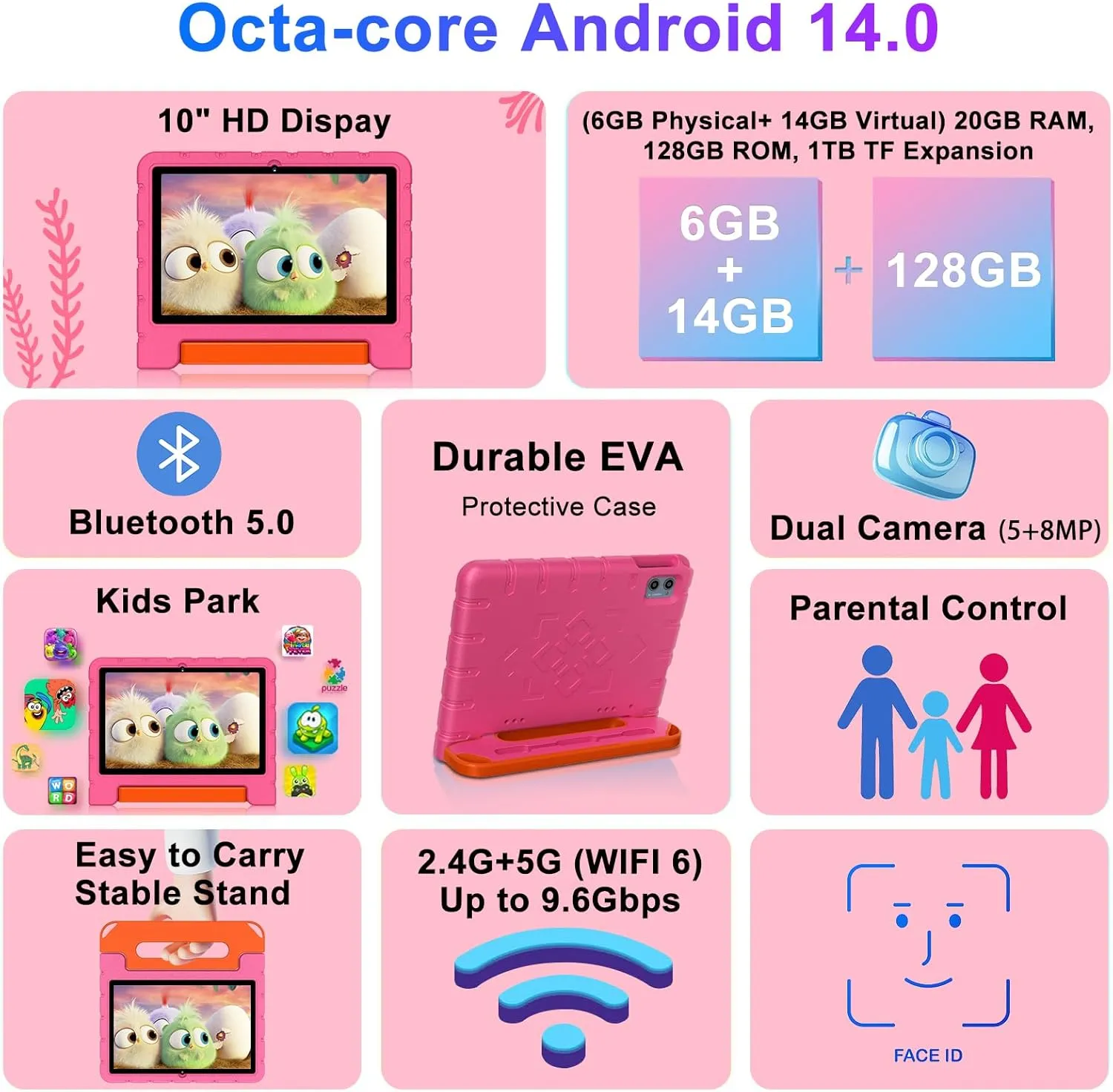 2025 Kids Tablet 10 inch Android 14 Tablets for Kid Octa-Core, 20GB 128GB (TF 1TB), Toddler Tablet with Shockproof Case, 2.4G 5G WiFi 6, Parental Control, Face Unlocked, Split Screen, BT5.0 (Rose Red)