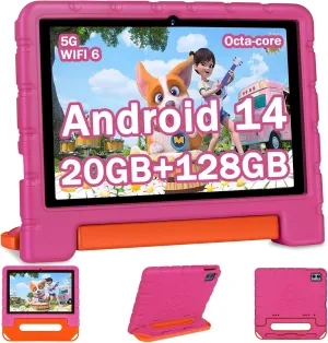 2025 Kids Tablet 10 inch Android 14 Tablets for Kid Octa-Core, 20GB 128GB (TF 1TB), Toddler Tablet with Shockproof Case, 2.4G 5G WiFi 6, Parental Control, Face Unlocked, Split Screen, BT5.0 (Rose Red)