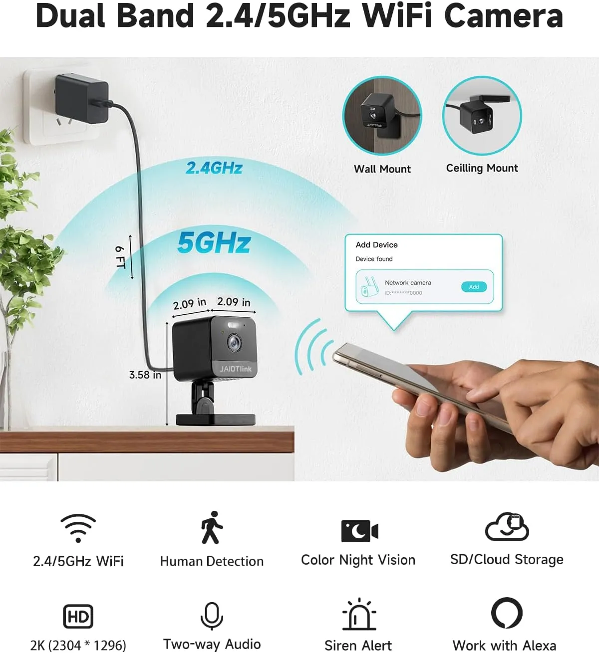 2K 2.4G/5G Dual-Band Security Camera Indoor, Plug-in Cameras for Home Security, Baby/Pet WiFi Camera with Phone App, Smart Night Vision, Motion Detection, 2-Way Talk
