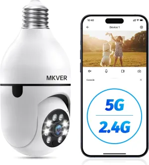 2K Light Bulb Security Camera,5G& 2.4GHz WiFi Security Cameras Wireless Outdoor Motion Detection and Alarm,2-Way Talk,Color Night Vision,Human Detection, Bulb Camera Compatible with Alexa 