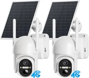 4G LTE Cellular Security Cameras Outdoor, 2 Pack No WiFi Security Camera Solar Powered with 360 View, 2K Color Night Vision, Includes SIM Card(Support Verizon/AT&T/T-Mobile)