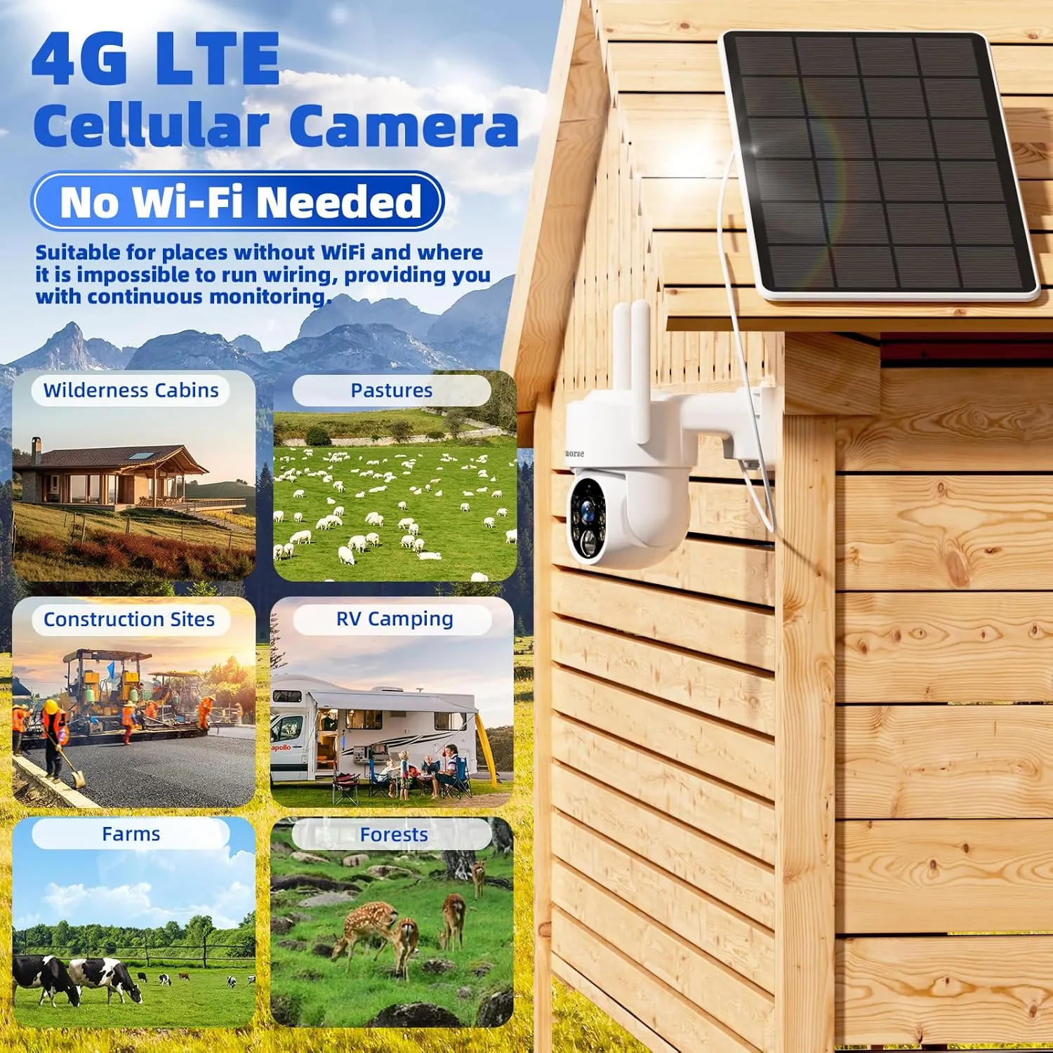 4MP 4G LTE Cellular Solar Security Cameras Wireless Outdoor , No Internet Needed,No WiFi 360 Solar Powered Camera w/SD Card SIM Card,Color Night Vision, AI Detection, 2 Way Talk for Jobsite,stable
