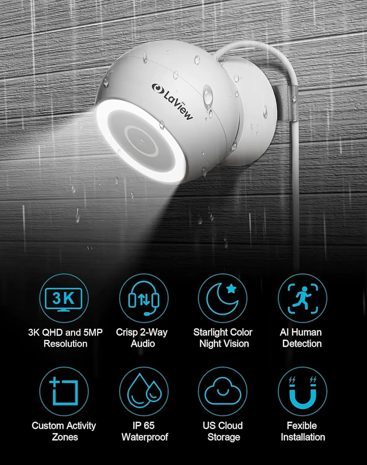 5MP 3K Security Cameras Outdoor Indoor Wired,IP65, Starlight Sensor & 100 Ft Night Vision,Motion/Person Detection,2-Way Audio/Spotlight,US Cloud,Compatible with Alexa,iOS & Android & Web Access