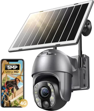 5MP Cellular Security Camera Outdoor, No WiFi Security Camera with 10X Optical Zoom, 4G LTE Solar Powered Cameras, Human Detection & Auto Focus, Color Night Vision, Pan Tilt 360 Live View