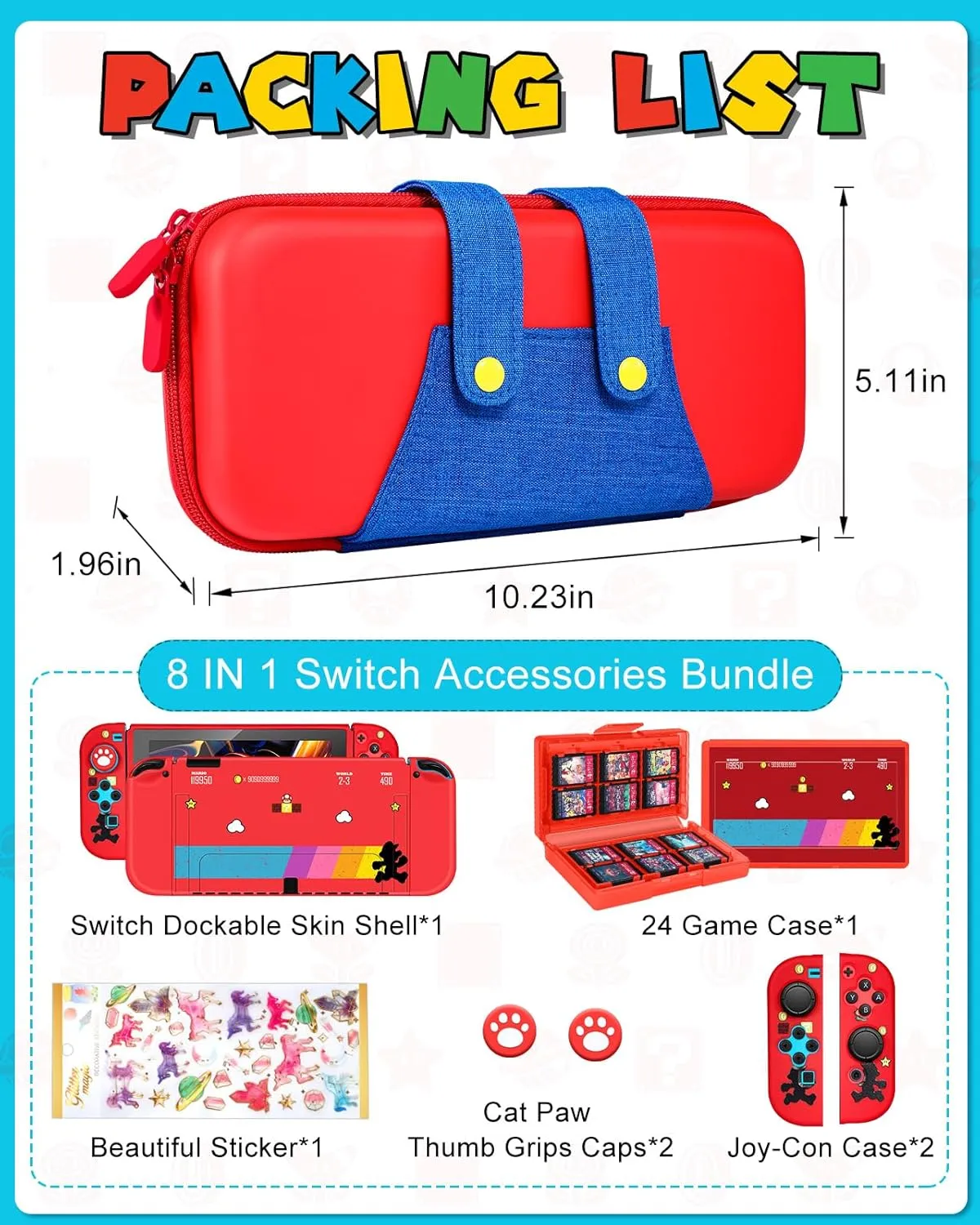 8in1 Maro Switch Oled Case for Nintendo Switch Oled Carrying Cases Boy Anime Hard Protective Cover Dockable Skin Thumb Grips Game Holder Sticker for Switch Oled Travel Case