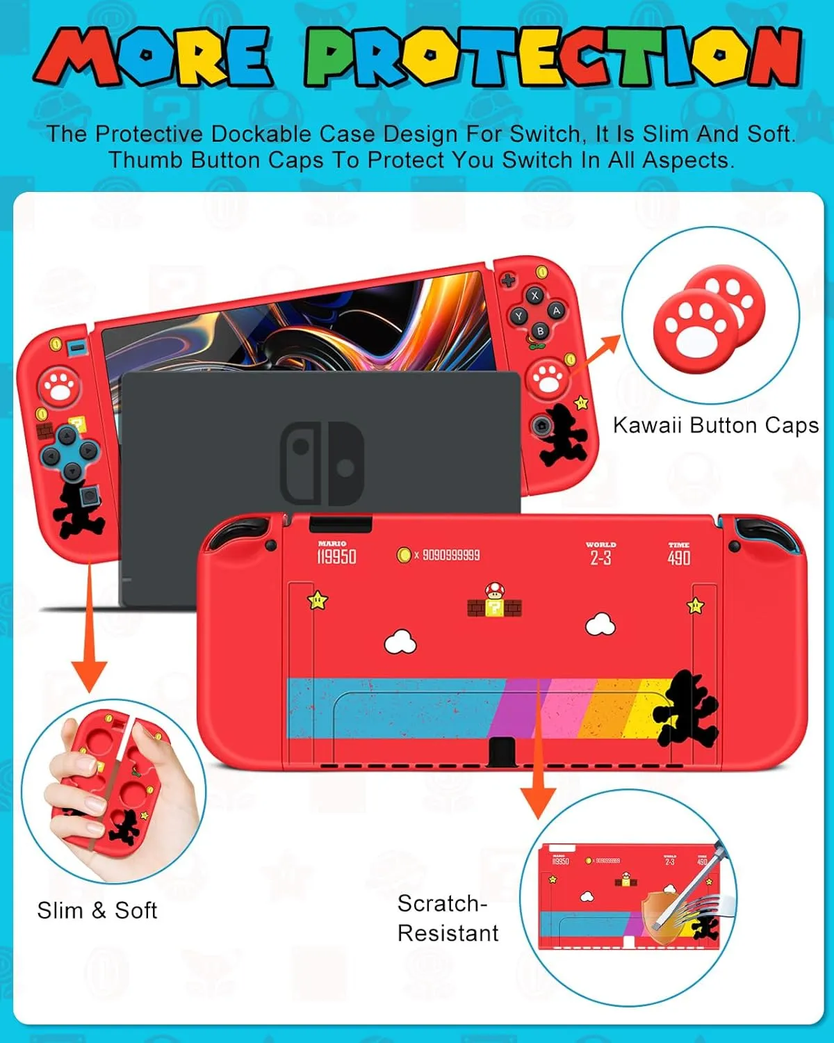 8in1 Maro Switch Oled Case for Nintendo Switch Oled Carrying Cases Boy Anime Hard Protective Cover Dockable Skin Thumb Grips Game Holder Sticker for Switch Oled Travel Case