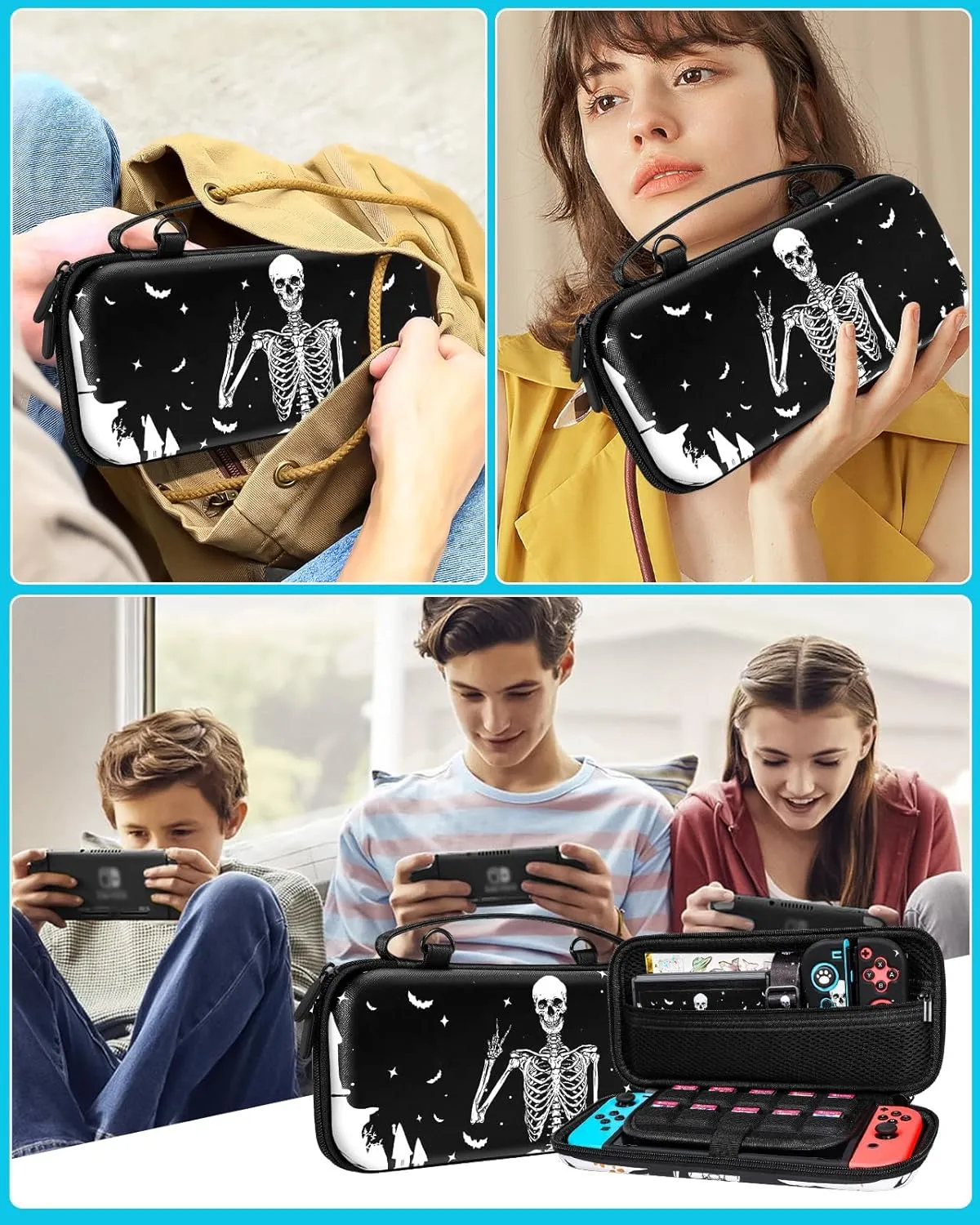 9in1 Skull Skeleton Switch Oled Case for Nintendo Switch Oled Carrying Cases Boy Hard Protective Cover Dockable Skin Thumb Grips Game Holder Shoulder Strap Sticker for Switch Oled Travel Case