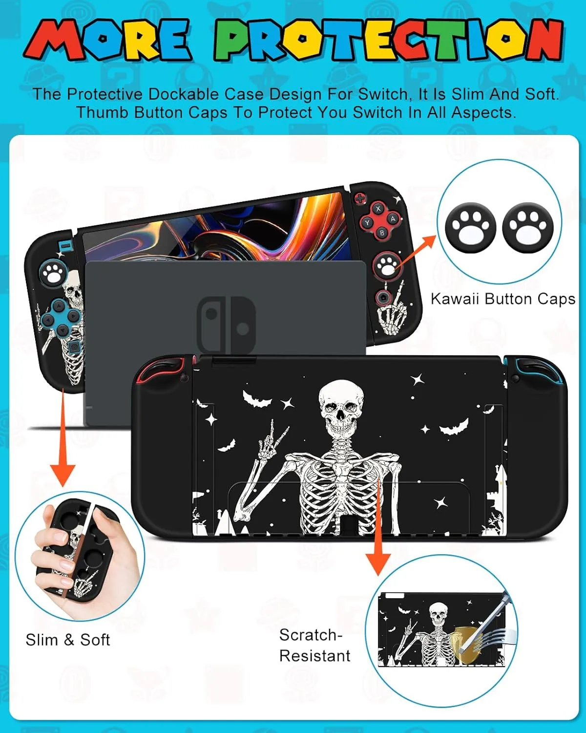 9in1 Skull Skeleton Switch Oled Case for Nintendo Switch Oled Carrying Cases Boy Hard Protective Cover Dockable Skin Thumb Grips Game Holder Shoulder Strap Sticker for Switch Oled Travel Case