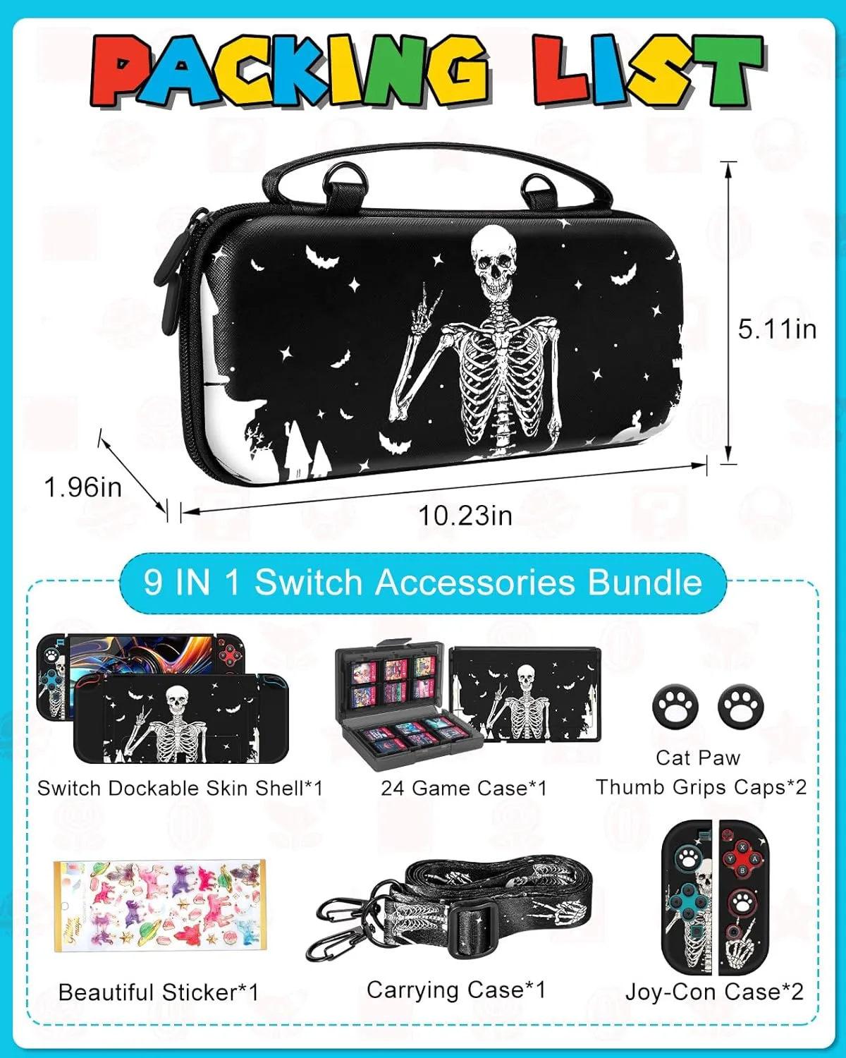 9in1 Skull Skeleton Switch Oled Case for Nintendo Switch Oled Carrying Cases Boy Hard Protective Cover Dockable Skin Thumb Grips Game Holder Shoulder Strap Sticker for Switch Oled Travel Case