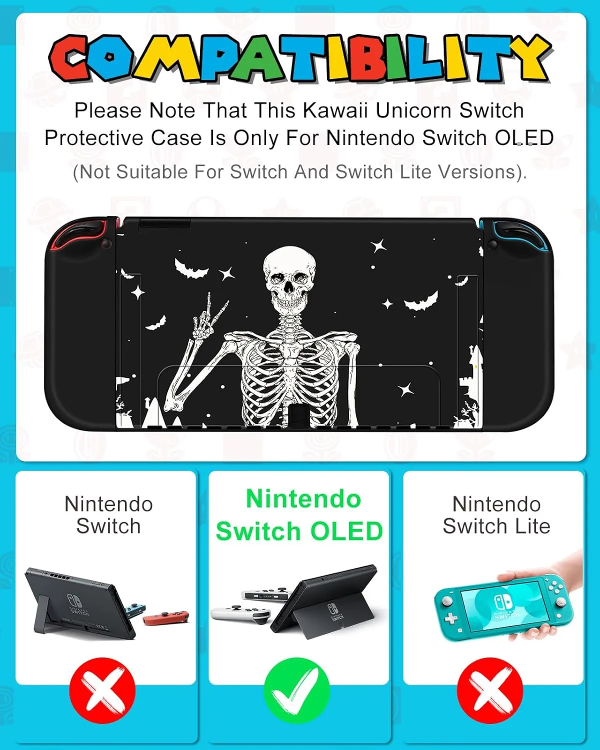 9in1 Skull Skeleton Switch Oled Case for Nintendo Switch Oled Carrying Cases Boy Hard Protective Cover Dockable Skin Thumb Grips Game Holder Shoulder Strap Sticker for Switch Oled Travel Case