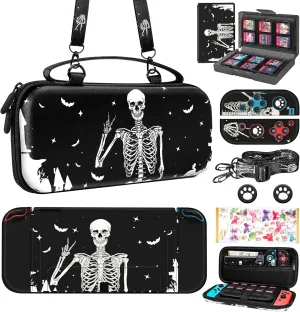 9in1 Skull Skeleton Switch Oled Case for Nintendo Switch Oled Carrying Cases Boy Hard Protective Cover Dockable Skin Thumb Grips Game Holder Shoulder Strap Sticker for Switch Oled Travel Case