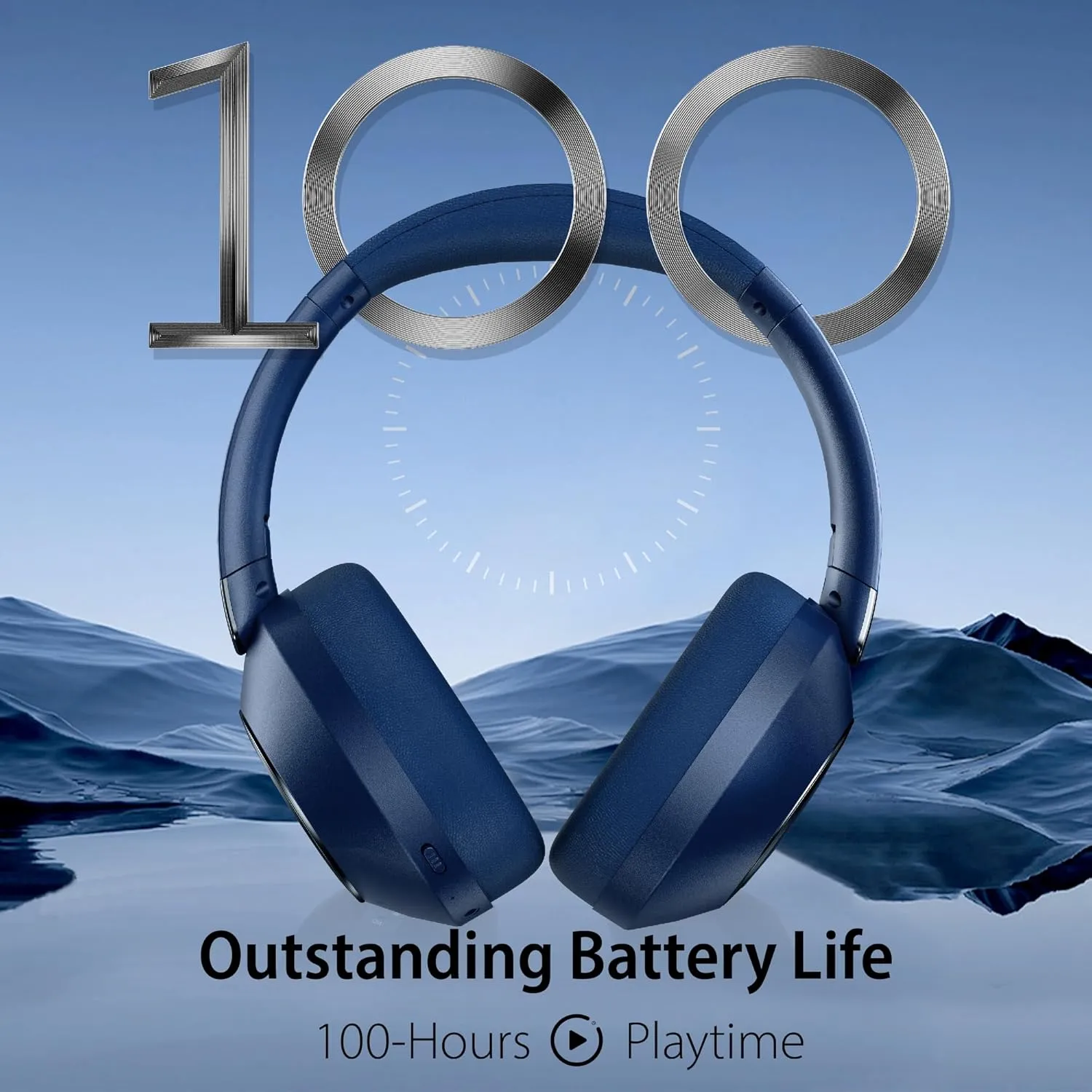 Active Noise Cancelling Bluetooth Over-Ear Wireless Headphones - 100H Playtime, Deep Bass, Travel (Blue)