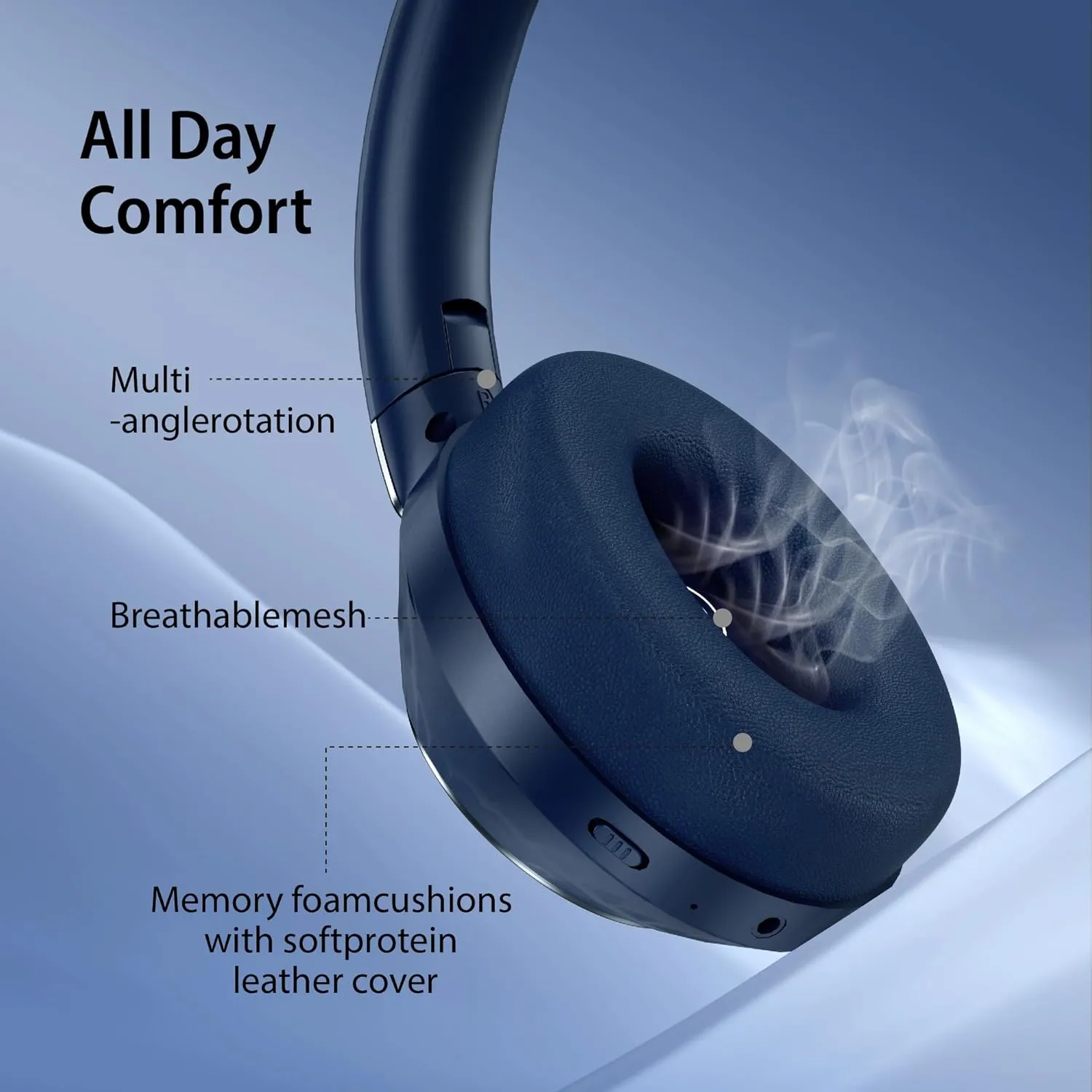 Active Noise Cancelling Bluetooth Over-Ear Wireless Headphones - 100H Playtime, Deep Bass, Travel (Blue)