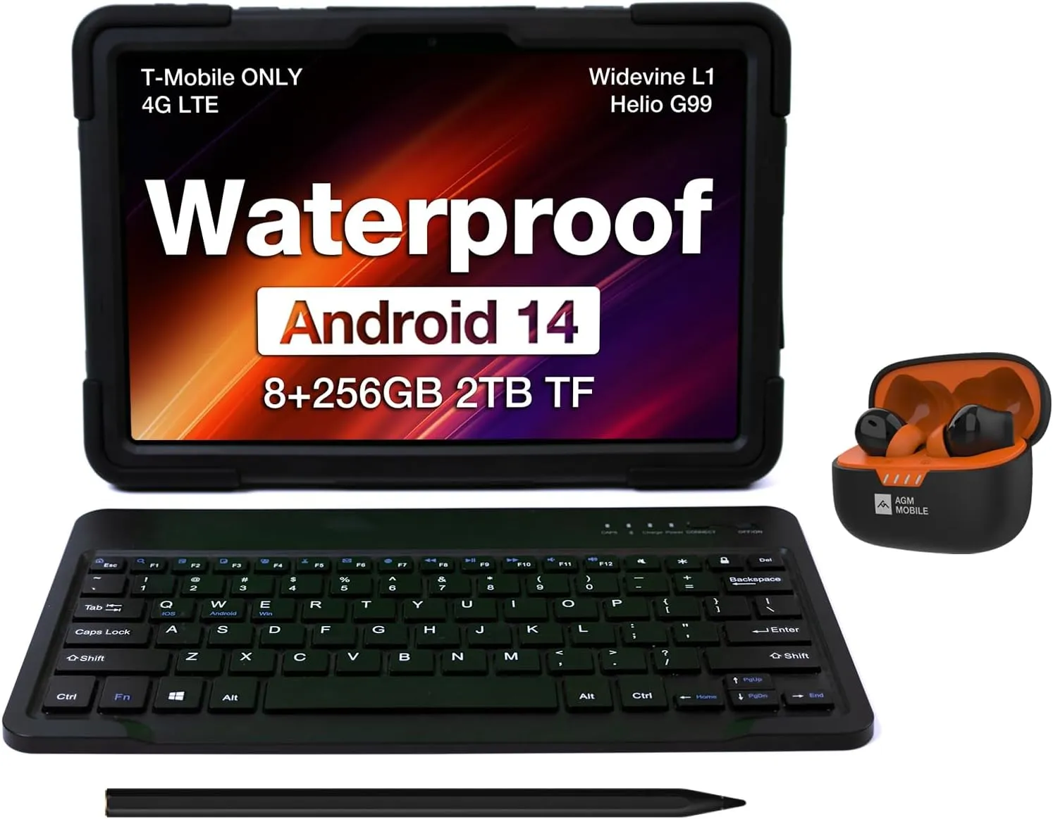 AGM PAD P2 Active Rugged Android 14 Tablet with Keyboard, Stylus, Protective Case, and Wireless Bluetooth Earbuds Set, Waterproof & Drop-Proof, Widevine L1, 11" 90Hz FHD 480 NITS Display, G99, 8000mAh