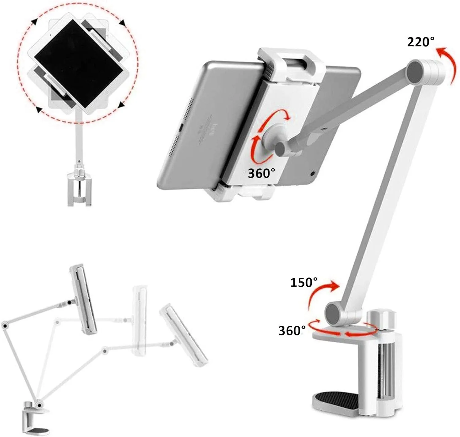 Aluminum Long Arm Tablet Stand Mount Compatible with iPhone/iPad/iPad Mini/iPad Pro 12.9" Any Phone/Tablets 4-13 inch,360 Swivel with Bracket Cradle for Home, Office,Kitchen and Bed -White (White)
