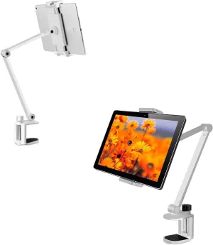 Aluminum Long Arm Tablet Stand Mount Compatible with iPhone/iPad/iPad Mini/iPad Pro 12.9" Any Phone/Tablets 4-13 inch,360 Swivel with Bracket Cradle for Home, Office,Kitchen and Bed -White (White)