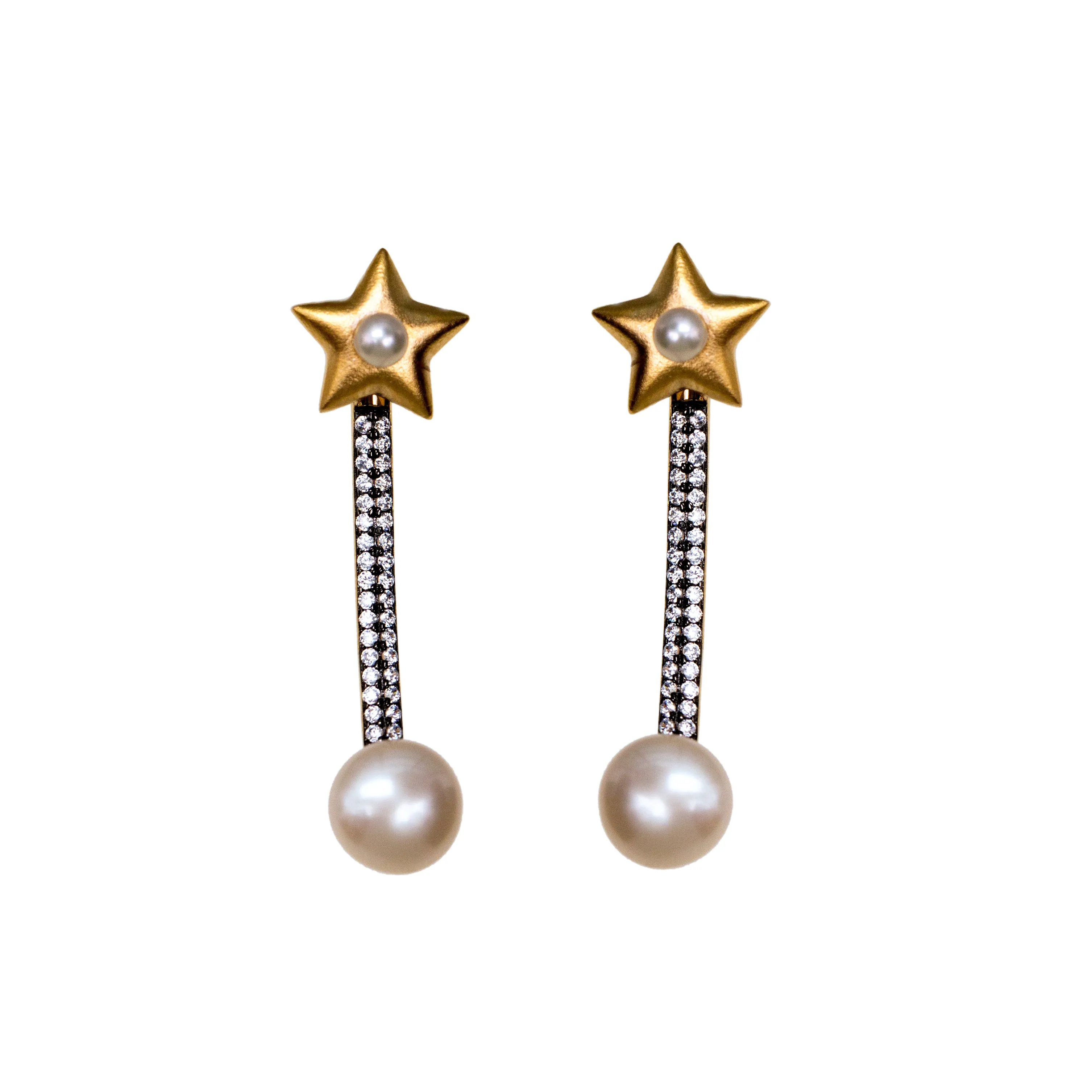 AMMANII Studded Star Jacket Earrings with Freshwater Pearls in Vermeil Gold