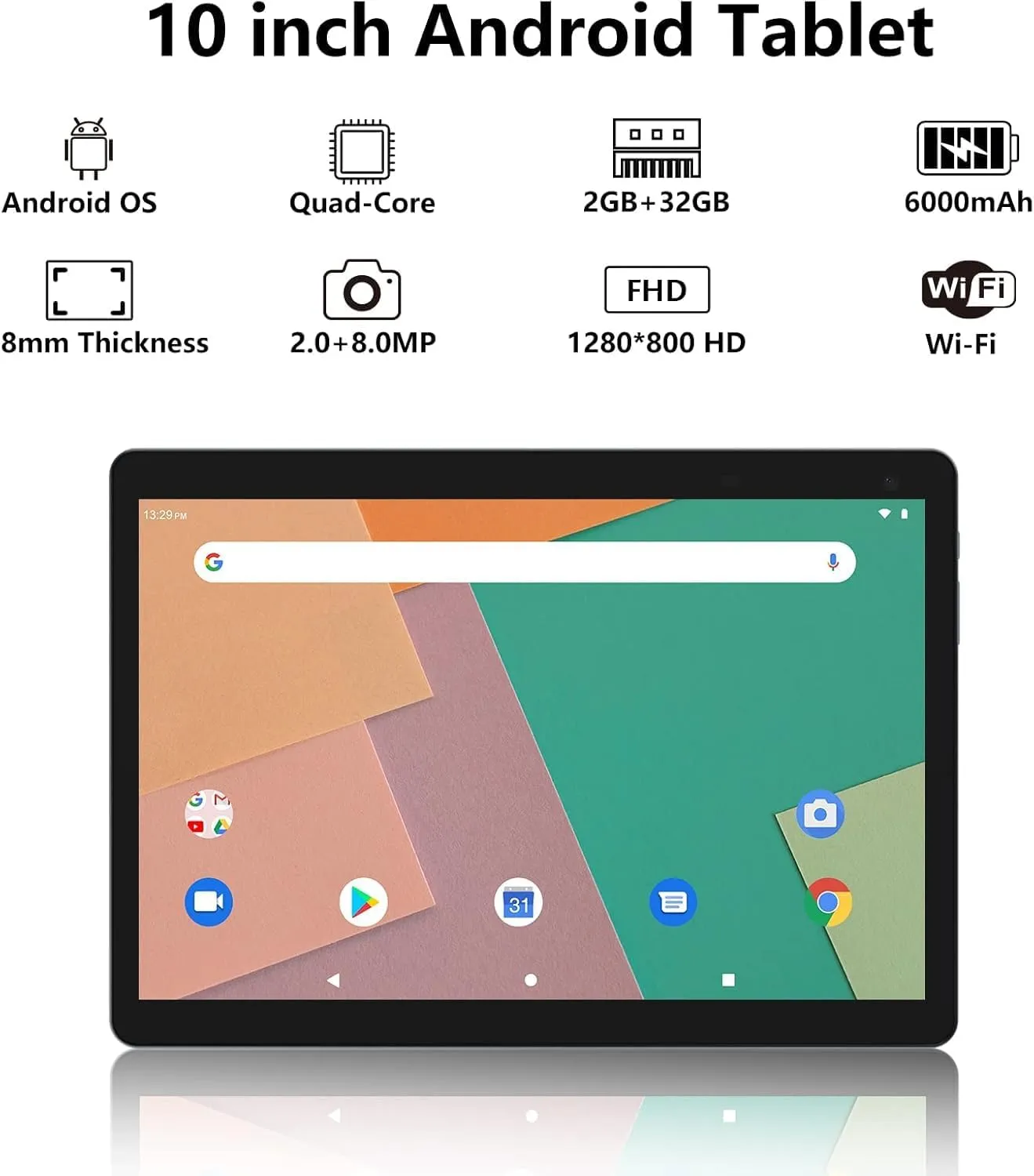 Android 12 Tablet, 10 inch Tablets, 4GB 32GB Computer Tablet Support 1TB Expand, 2MP   8MP Camera, IPS Screen, WiFi, Bluetooth, 6000mAh, Google GMS Certified Tableta