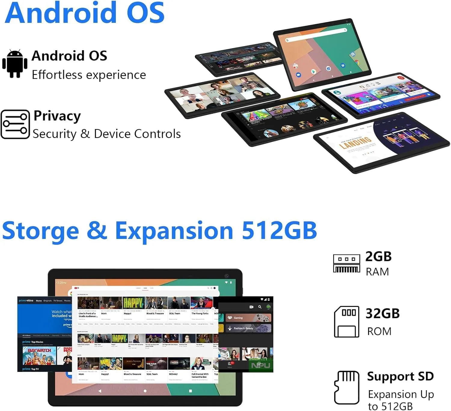 Android 12 Tablet, 10 inch Tablets, 4GB 32GB Computer Tablet Support 1TB Expand, 2MP   8MP Camera, IPS Screen, WiFi, Bluetooth, 6000mAh, Google GMS Certified Tableta