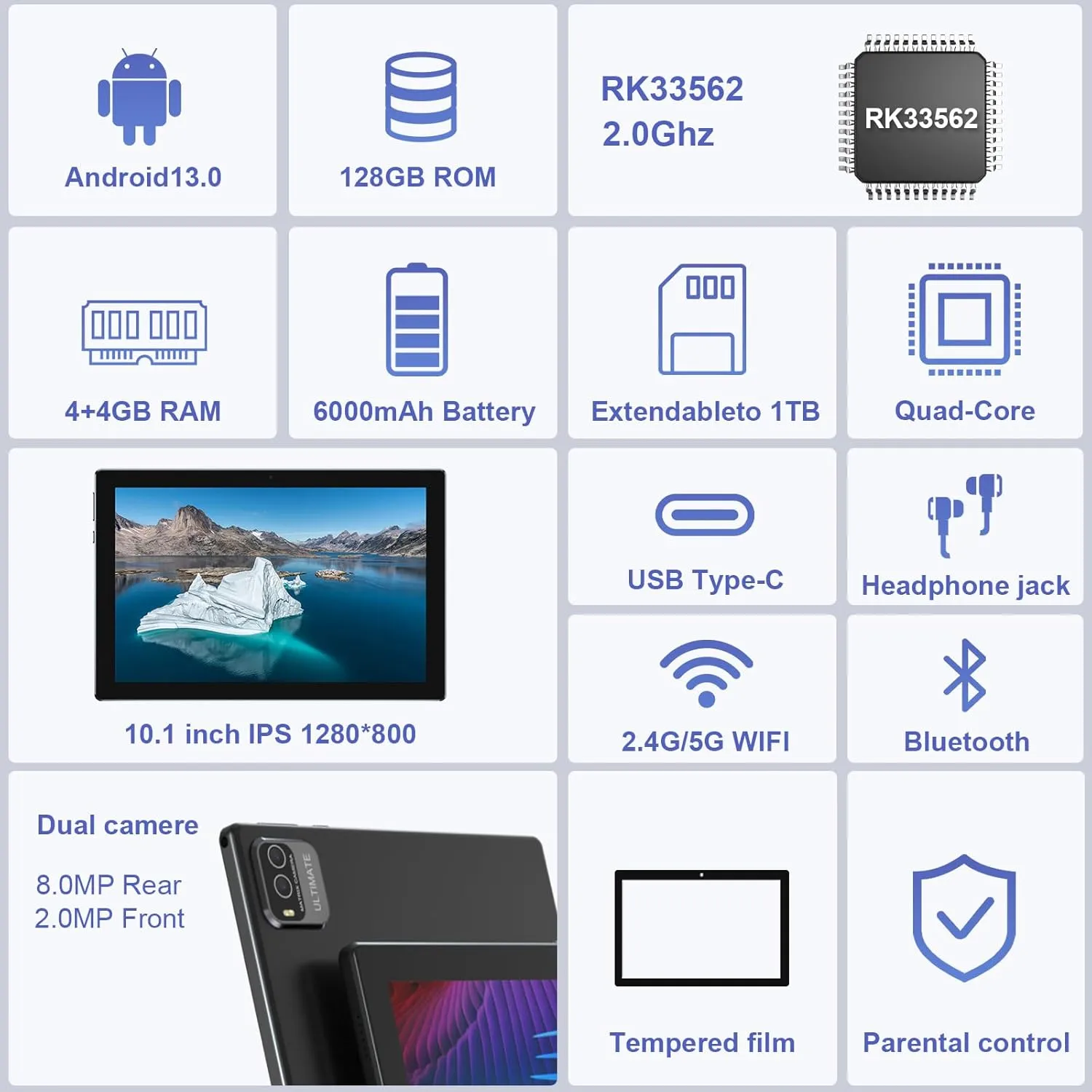 Android 13 Tablet 10.1 Inch, Android 2 in 1 Tablet with Keyboard Case, 8GB 128GB ROM/1TB Tablets, Quad Core, HD Touch Screen, Dual Carema, Games, 2.4G/5G Wi-Fi 6BT, GMS Certified