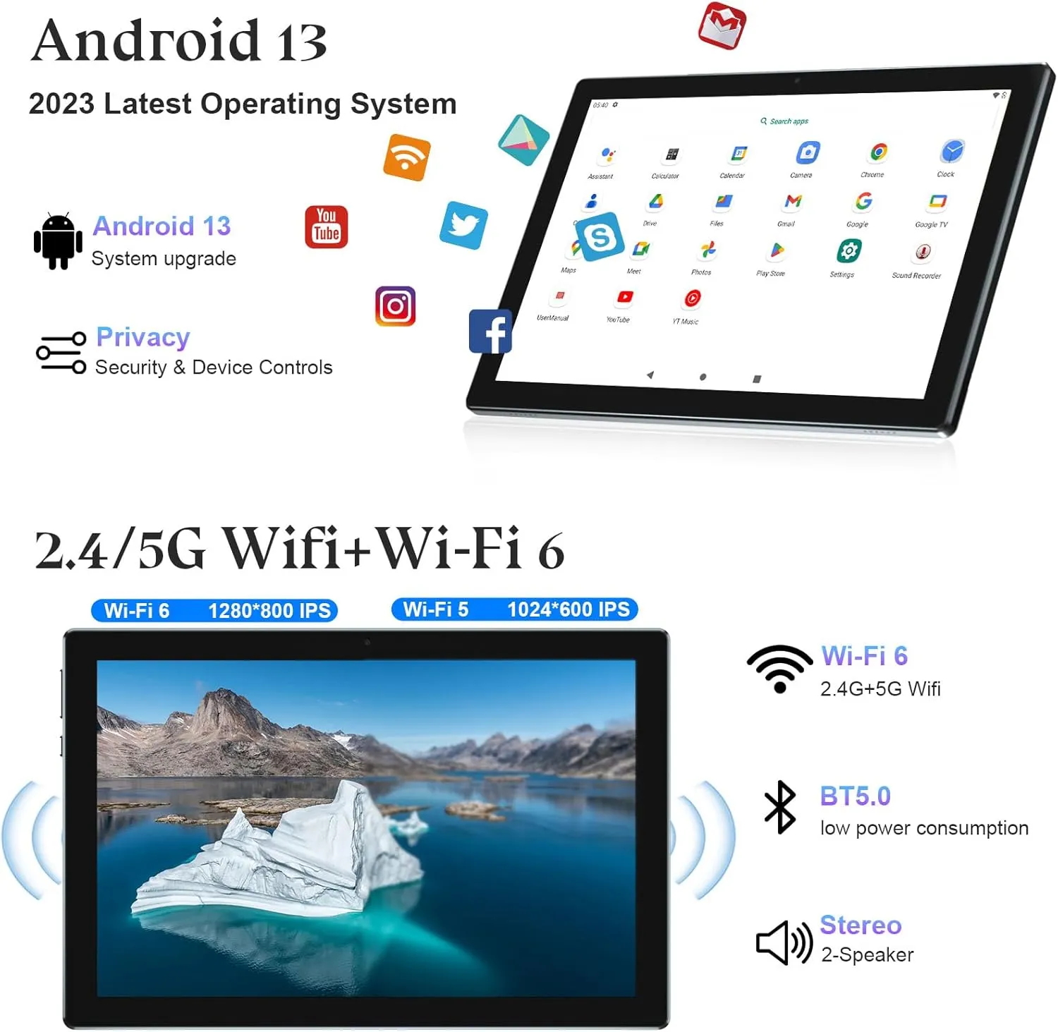 Android 13 Tablet 10.1 Inch, Android 2 in 1 Tablet with Keyboard Case, 8GB 128GB ROM/1TB Tablets, Quad Core, HD Touch Screen, Dual Carema, Games, 2.4G/5G Wi-Fi 6BT, GMS Certified