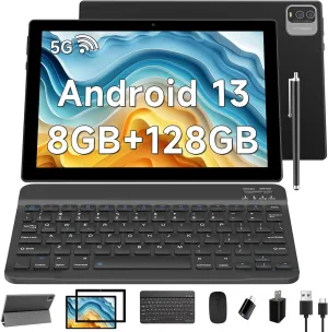 Android 13 Tablet 10.1 Inch, Android 2 in 1 Tablet with Keyboard Case, 8GB 128GB ROM/1TB Tablets, Quad Core, HD Touch Screen, Dual Carema, Games, 2.4G/5G Wi-Fi 6BT, GMS Certified