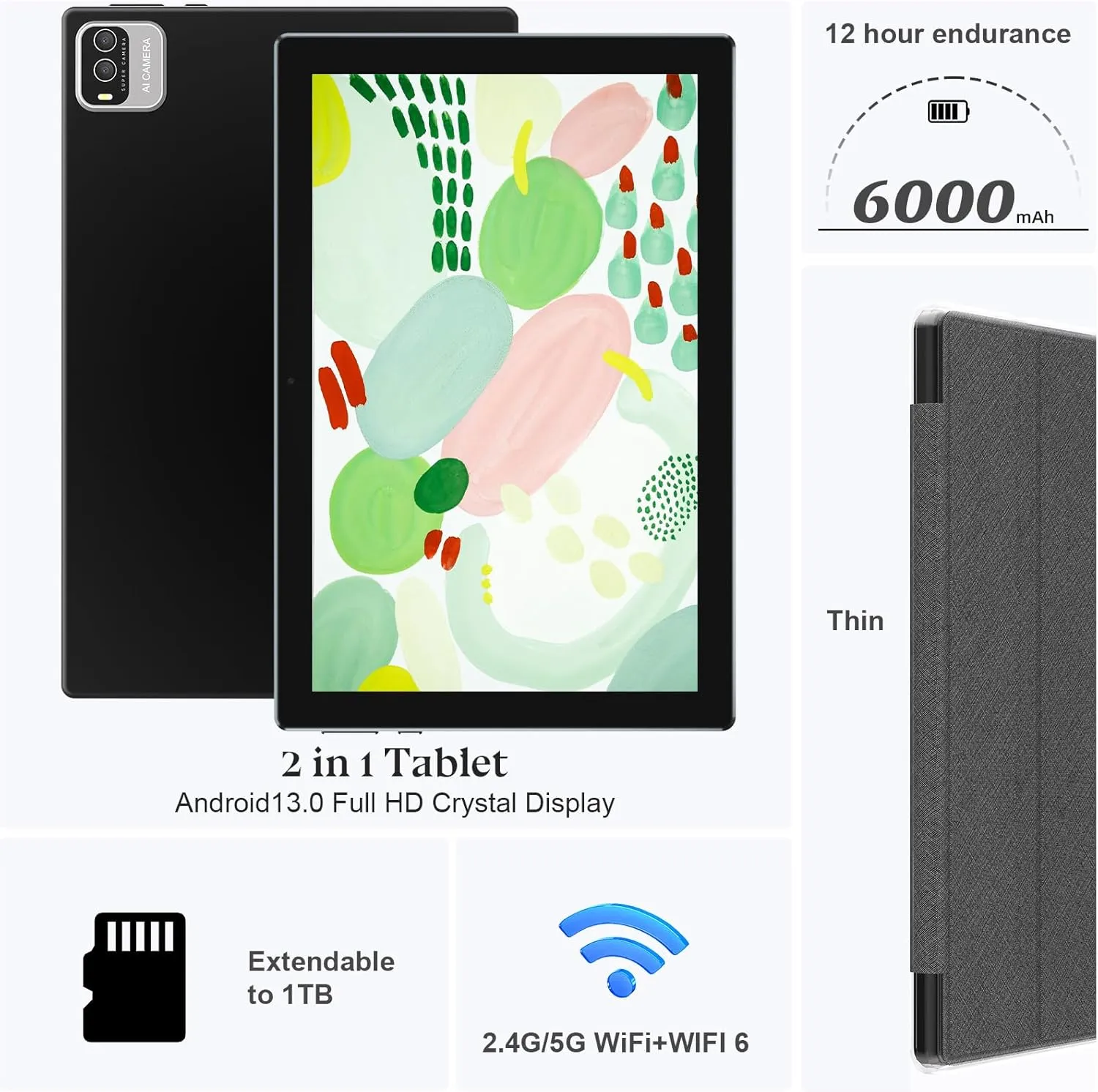 Android 13 Tablet 10.1 Inch, Android 2 in 1 Tablet with Keyboard Case, 8GB 128GB ROM/1TB Tablets, Quad Core, HD Touch Screen, Dual Carema, Games, 2.4G/5G Wi-Fi 6BT, GMS Certified