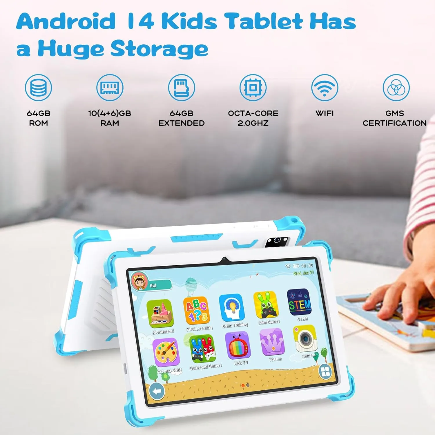 Android 14 Kids Tablet 10 inch Tablets for Kids with Protective Case, Toddler Tableta 10GB 64GB 512GB Expandable, Android Tablets with WiFi 6, BT5.2, Octa-Core, Parental Control, Dual Cam, Gift(Blue)