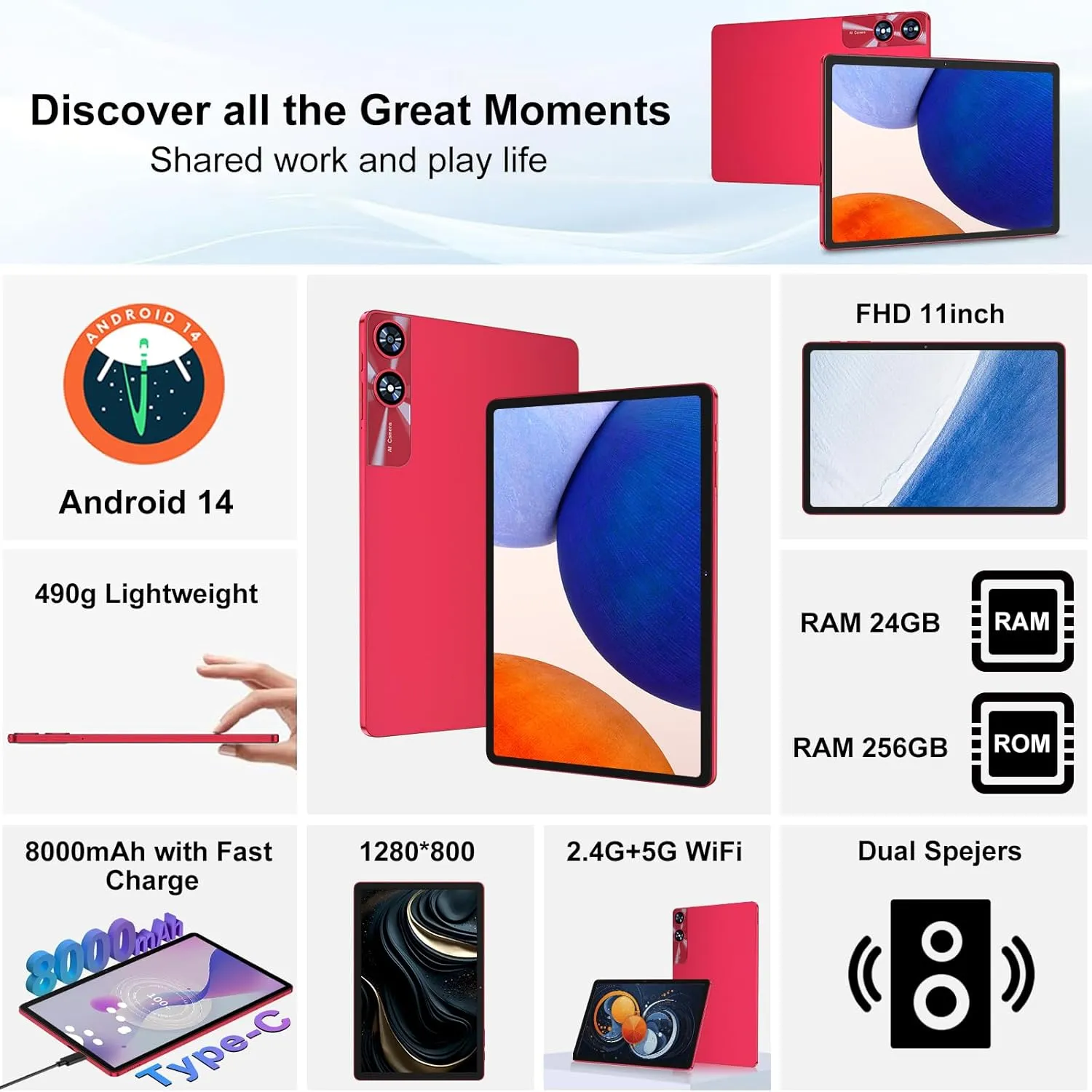 Android 14 Tablet 11 Inch Tablets, 24GB RAM 256GB ROM(1TB Expand), Octa-Core Tablets with 8000 mAh Battery, 5G WiFi, Bluetooth 5.0, Android Tablet 5MP 13MP Dual Camera, IPS Touch Screen, GPS Tab-Red