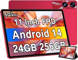 Android 14 Tablet 11 Inch Tablets, 24GB RAM 256GB ROM(1TB Expand), Octa-Core Tablets with 8000 mAh Battery, 5G WiFi, Bluetooth 5.0, Android Tablet 5MP 13MP Dual Camera, IPS Touch Screen, GPS Tab-Red