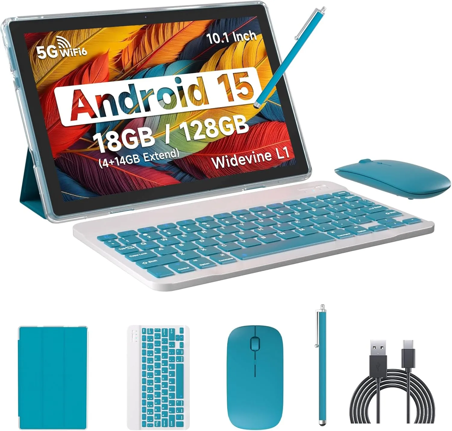 Android 15 Tablet, 10 inch 18GB RAM 128GB ROM Tablet Support 2TB Expand, 2 in 1 Tablets with Keyboard Case Mouse Stylus, 2.0Ghz Quad-core Processor, 8MP Camera, 6000mAh Battery, 2.4G/5G Wifi 6 BT 5.0