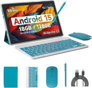 Android 15 Tablet, 10 inch 18GB RAM 128GB ROM Tablet Support 2TB Expand, 2 in 1 Tablets with Keyboard Case Mouse Stylus, 2.0Ghz Quad-core Processor, 8MP Camera, 6000mAh Battery, 2.4G/5G Wifi 6 BT 5.0