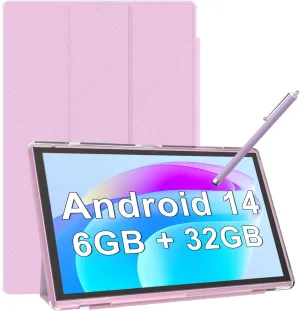 Android Tablet 10 Inch Tablet With Case Screen Stylus Android 14 Tablets 6GB RAM 32GB ROM Support 1TB Expansion 6000mah Battery 10.1" IPS HD Touchscreen 2MP 8MP Dual Camera WIFI-6 Bluetooth5.0 Tablets