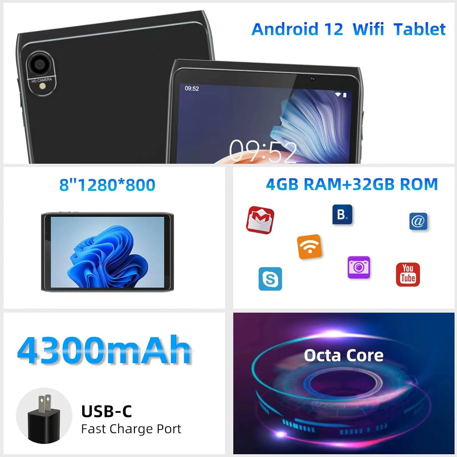 Android Tablet 8 inch, Android 12.0 Tableta 32GB Storage 1024GB SD Expansion Tablets PC, Quad-core Processor 2GB RAM 1280x800 IPS HD Touchscreen Dual Camera Tablets, Support WiFi6, BT 4300 mAh Battery